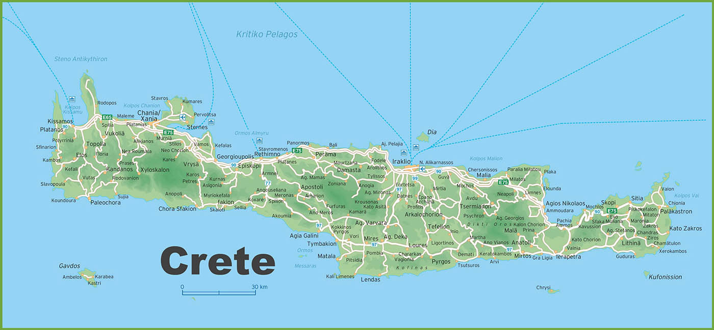 Road Map of Crete – the main road network of the island of Crete Greece